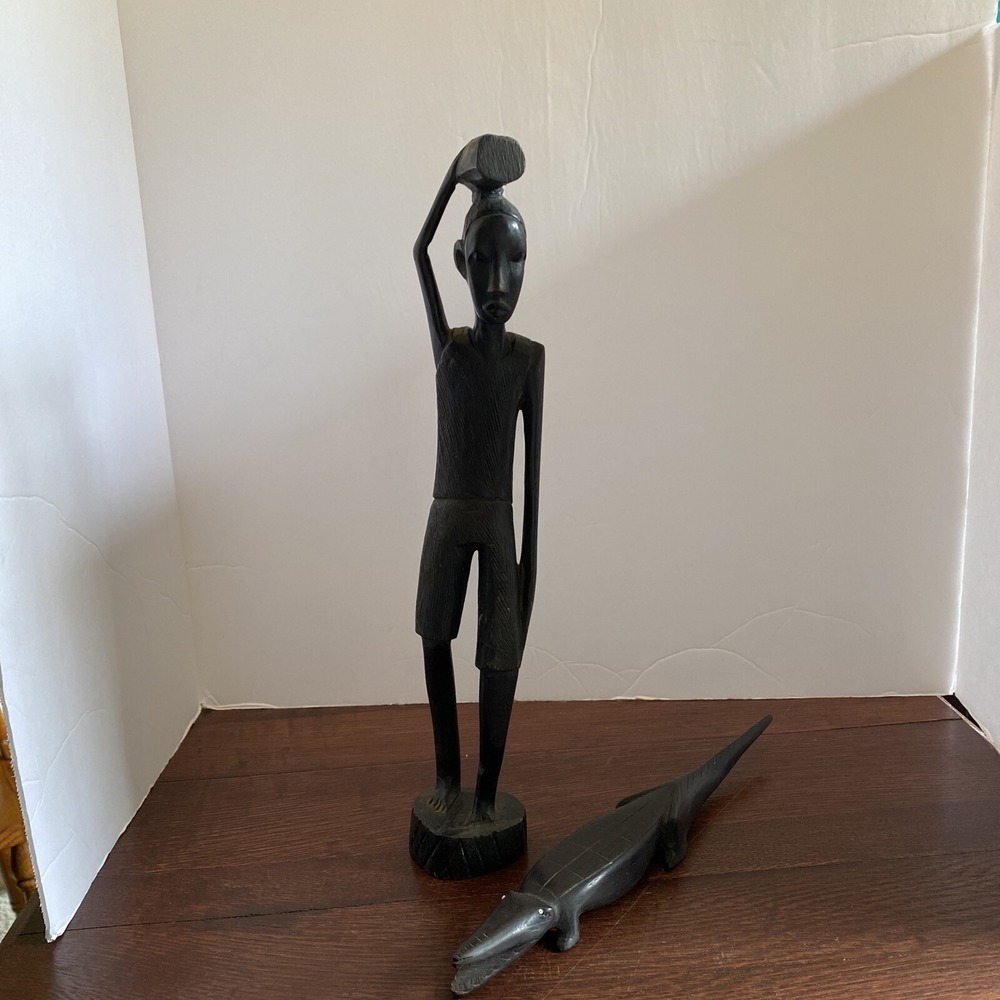 Lot of 2 Hand Carved Wooden African Man In Tanzania And‎ Crocodile In Tanganyika